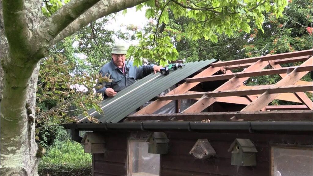 garden shed roof with corrugated metal 